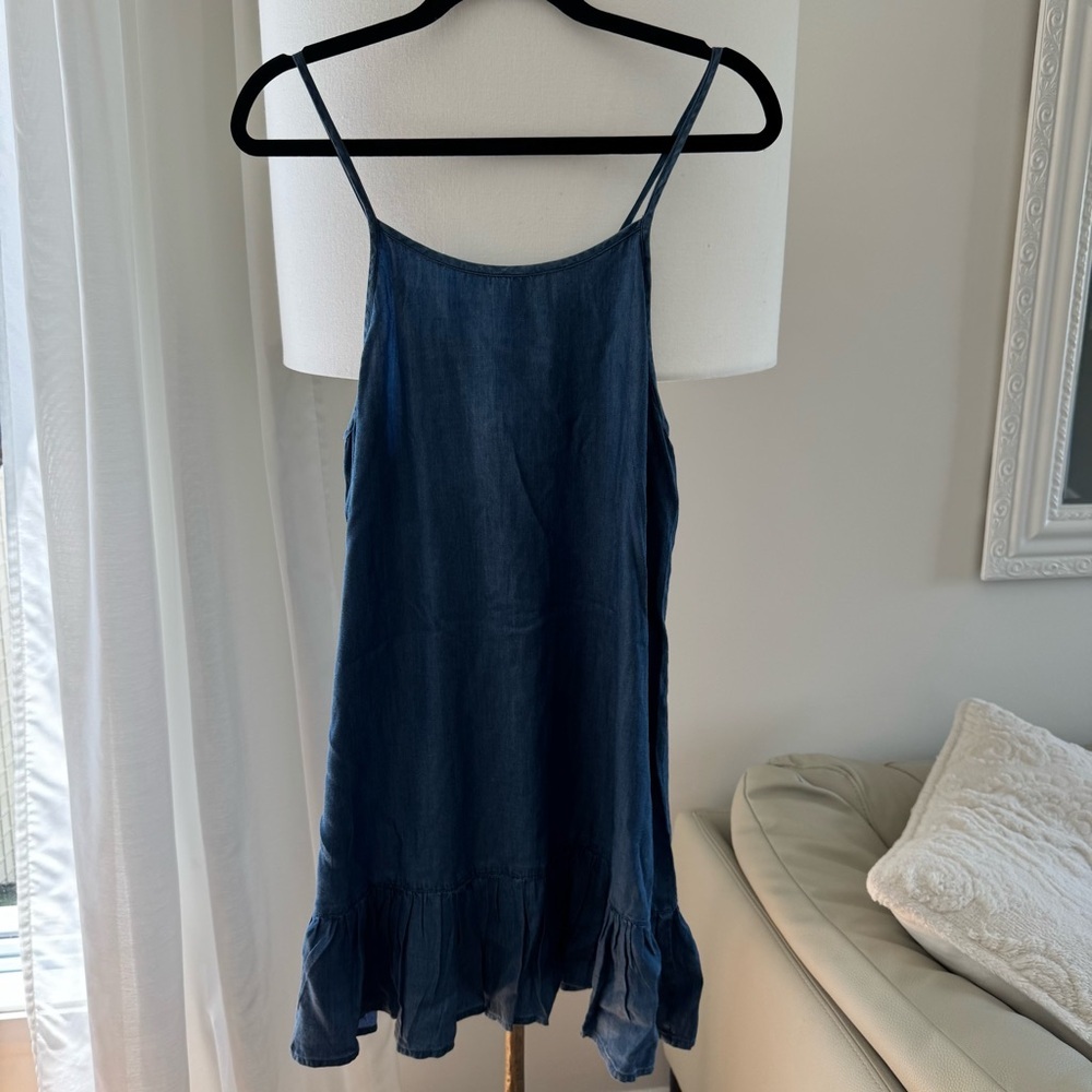 Blue Island lightweight denim sleevelessRuffled BOHO jeanDress cord straps